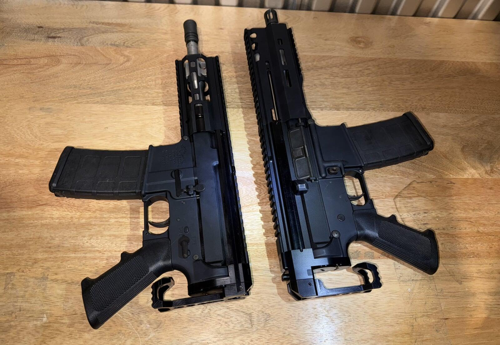 BlecherLLC Mongoose and 1.36 shown side by side comparison actual size on a wood desk