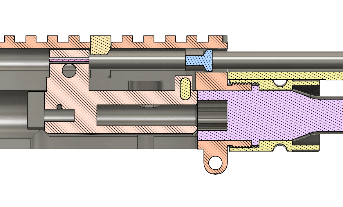 Cross Section View of Blecher LLC 1.36 Upper showing rear attachment of the piston rod and piston guide grommet