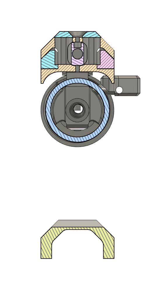 Cross Section View showing the rolling pin brace locking mechanism, the incorporated side rails, integrated bracket, and Charging Handle