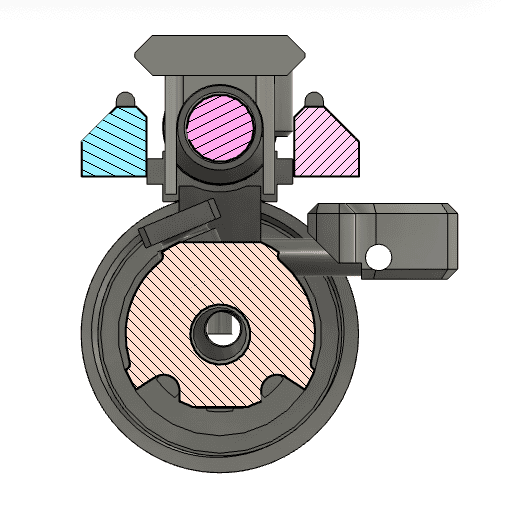 Cross section view of the Operating System showing the incorporation of the Brace Rails, the Locking Clip Mechanism, and Charging Handle.