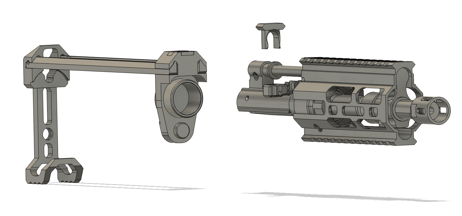 Angled View showing Extended Rail, ISO BRACE, Integrated Bracket, Locking Clip, Retaining Grommet, Front Rail, and Operating System