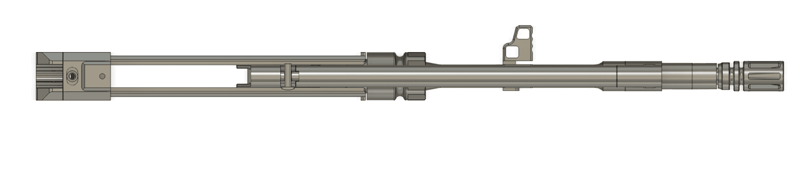 Mongoose Top View of the Retractable Brace Mechanism Retracted and Gas Operating System Showing the Integration of the Brace Rails within the Confines of the Design of the Bolt Carrier, and Therefore the Upper Receiver (not shown)